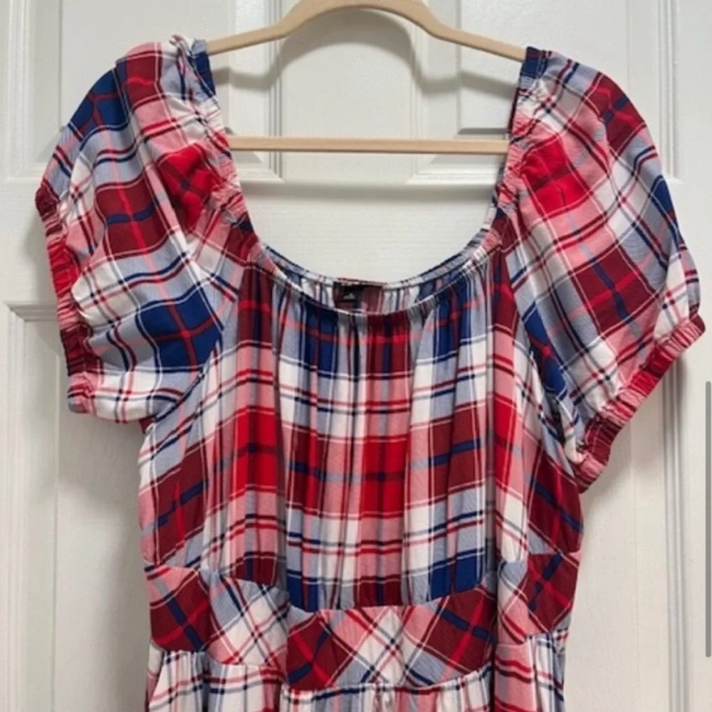 Torrid Puff Sleeve Tiered Midi Dress - Challis Plaid Red & Blue Sz14-16 (1X) EUC - Picture 4 of 14